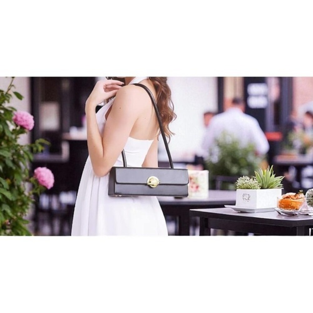 Purse Black Rectangular Shoulder Bag Gold Planet Turn Lock‎ Saturn Clasp Bag - Picture 8 of 8